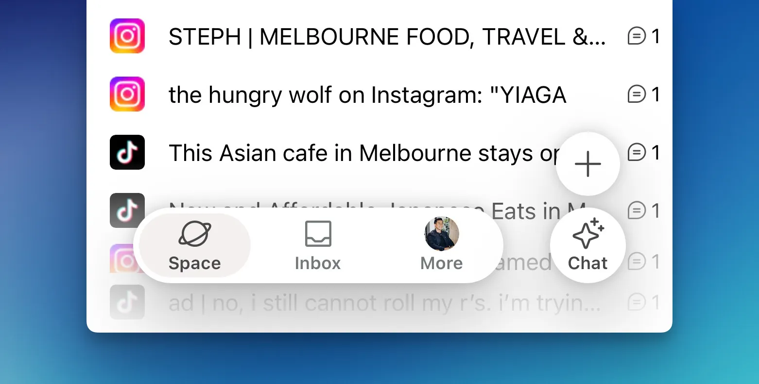 Kepler's redesigned mobile interface showing a feed of saved links from Instagram and TikTok, with a bottom navigation bar featuring Space, Inbox, Chat, and a + button