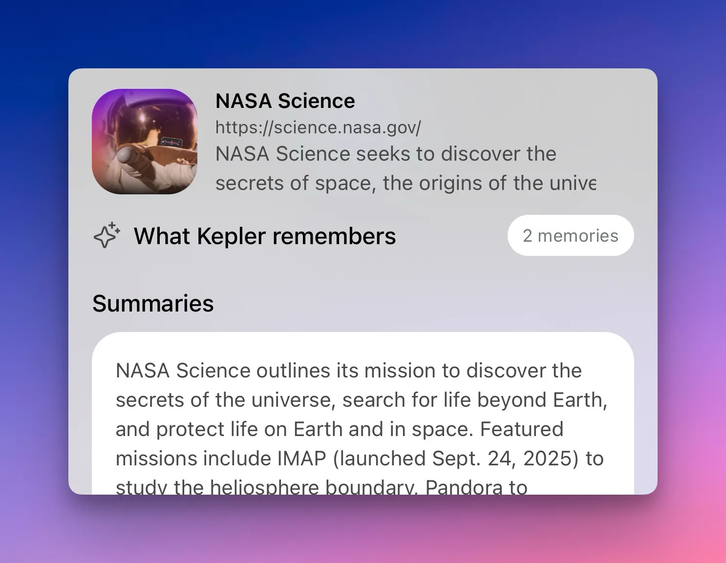Kepler's in-app context viewer showing a saved NASA Science link with an AI-generated summary and 2 saved memories