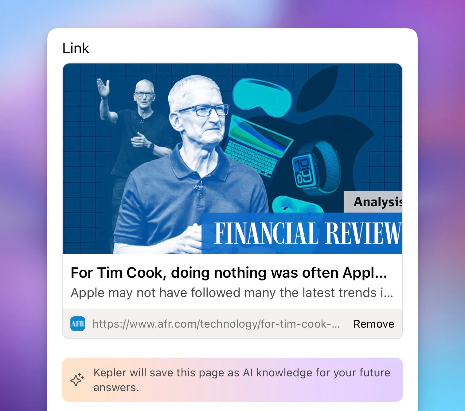 Kepler's mobile link saving flow showing a rich preview card for an AFR article, with a note that Kepler will save the page as AI knowledge for future answers