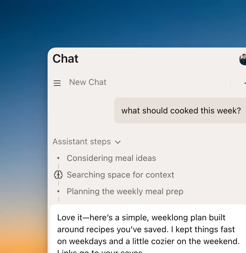 Kepler's desktop chat interface responding to "what should I cook this week?" by searching saved context and generating a personalised weekly meal plan