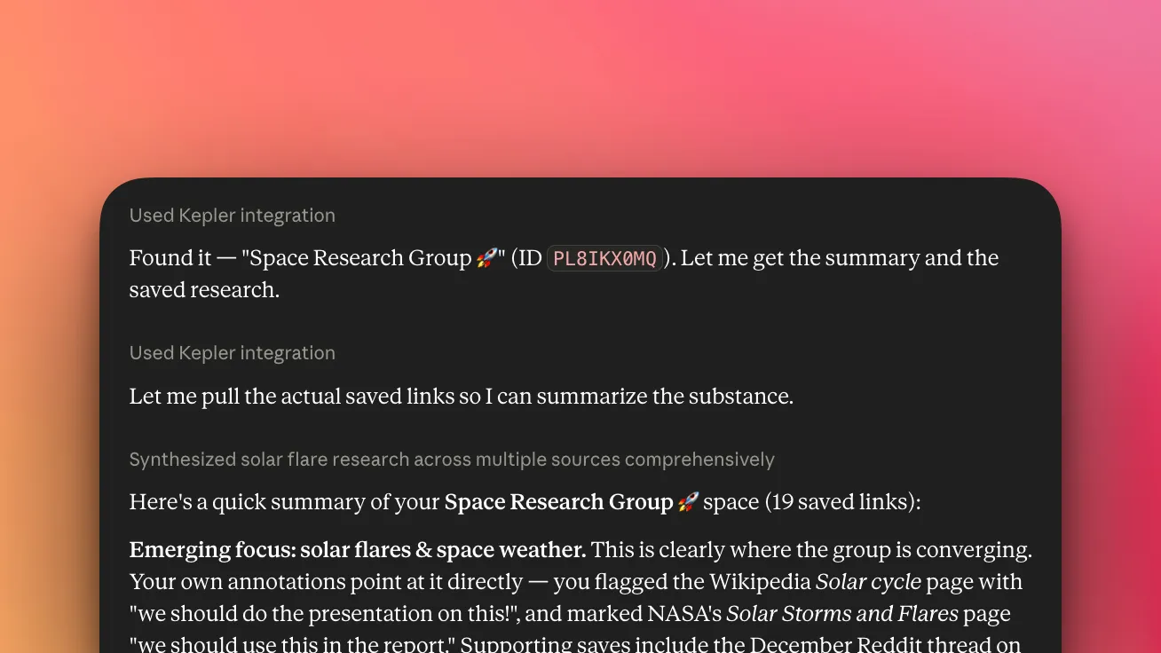 Claude answering a question grounded in a connected Kepler space