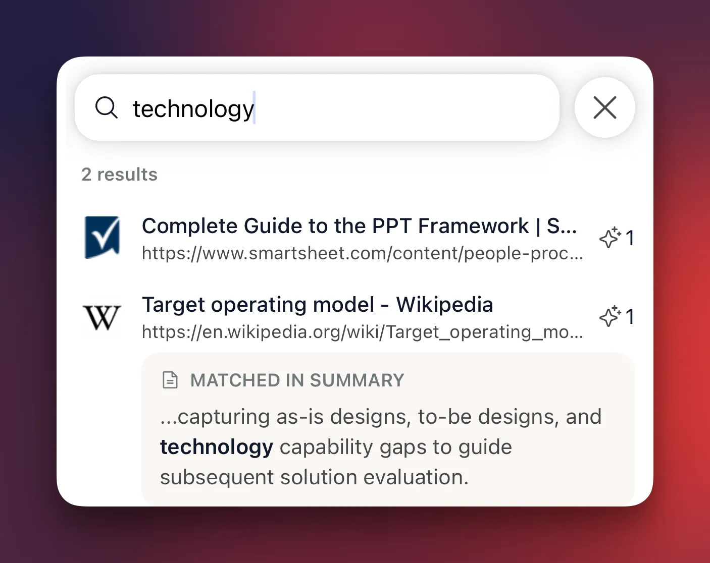Kepler's search interface surfacing matching saved links from a space as the user types a query